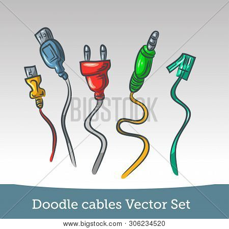 Doodle Cable Set Isolated On White Background. Vector