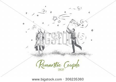 Cute Couple Standing Together, Man Catching Stars With Net, True Romantic Love Artwork, Girl Pointin