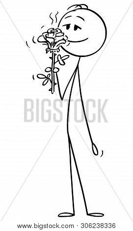 Cartoon Stick Figure Drawing Conceptual Illustration Of Man Enjoying Smelling The Nice Smell Of Rose