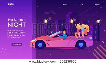 Hot Summer Night. Rich Cartoon Man Drive Cabriolet With Happy Woman Vector Illustration. Glamour Gir
