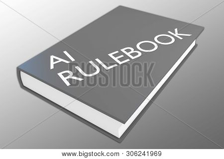 3d Illustration Of Ai Rulebook Script On A Book, Isolated On Gray Gradient.