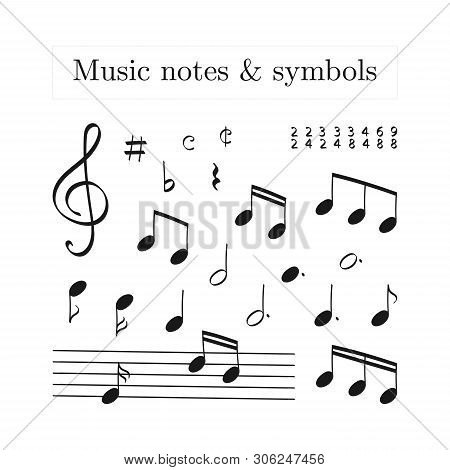 Doodle Set Of Isolated Music Note. Cute Scetchy Symbol.  Vector Icon Illustration. Melody Key For Gr