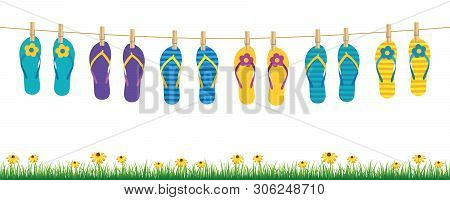 Colorful Flip Flops Hanging On A Rope On White Background With Grass And Flowers Summer Holiday Desi