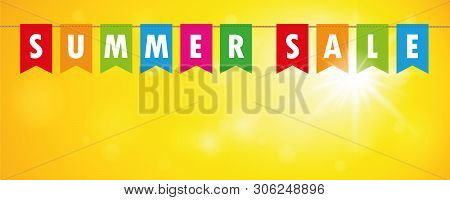 Summer Sale Flags Banner On Yellow Sunny Background Vector Illustration Eps10