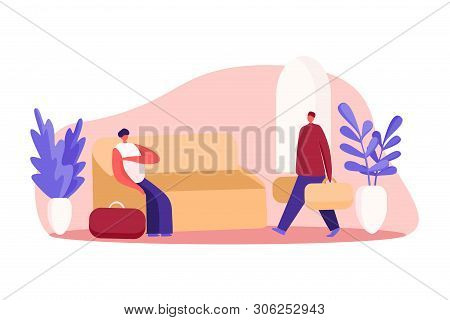 Travelers With Luggage Waiting For Registration, Young Woman Sitting On Sofa, Man Holding Baggage, G