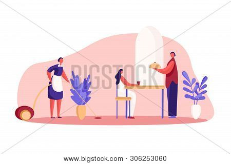 Hotel Resident Having Breakfast, Guesthouse Room Service, Maid Cleaning, Waiter Holding Serving Tray