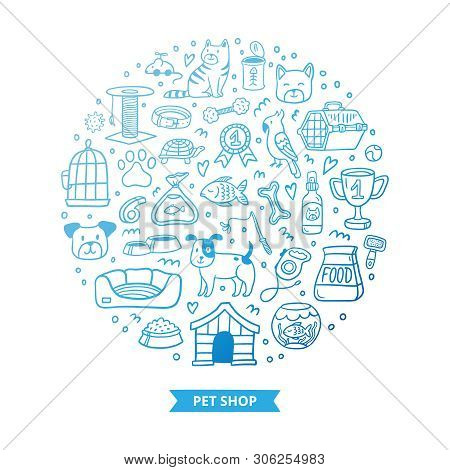 Gradient Pet Shop Stuff And Cute Pets. Vet Symbol Collection In Doodle Style. Cartoon Dogs, Cats, Pa