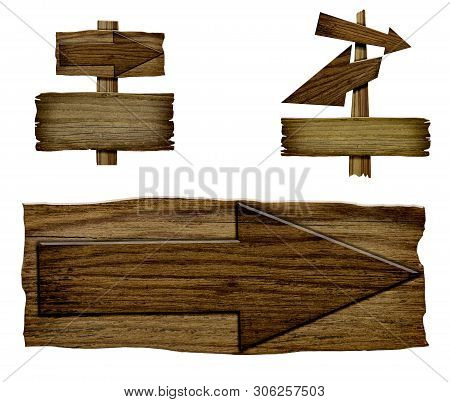 Set Of Wooden Dark Pointer Isolated On White Background. Old Wood  Planks Sign