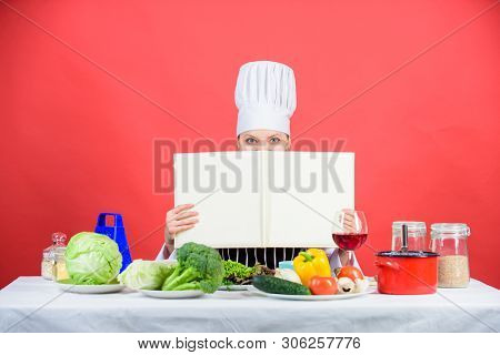 Book By Famous Chef Copy Space. Professional Level. Woman Study Culinary. Culinary Expert. Chef Cook