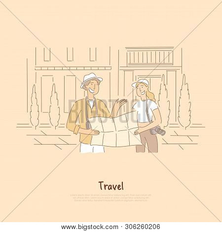Tourists With Map Looking For Destination, Friends, Married Couple, Travelers Searching Location Ban