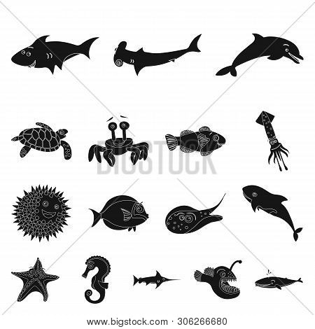 Vector Illustration Of Sea And Animal Sign. Set Of Sea And Marine Vector Icon For Stock.