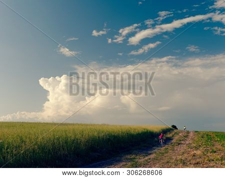A Child On A Bicycle. Beautiful White Clouds In The Sky Float Above The Field.