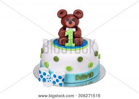 Cake With A Bear, A Boy On His Birthday One Year.