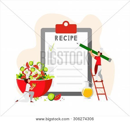 Small Mini-cooks Make Up The Recipe For The Day. Clipboard With Blank Paper And Green Pencil. Green 