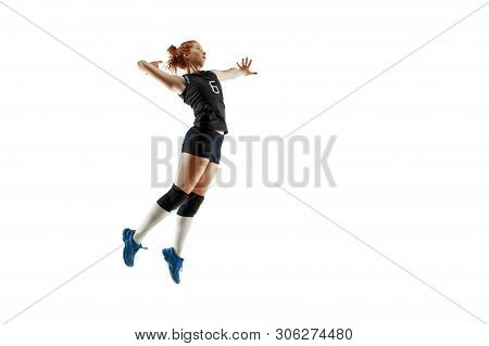 Young Female Volleyball Player Isolated On White Studio Background. Woman In Sports Equipment And Sh