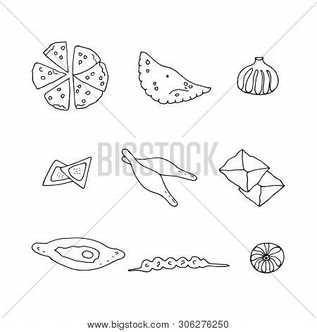 Hand Drawn Georgian Tradition Food. Sketch Collection Of The Bakery Products.