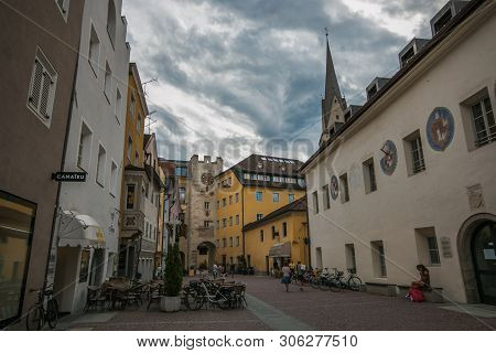 Brunico, Italy - July 17, 2019: The Main Street Of Historic Center Of Brunico In The Italian Dolomit