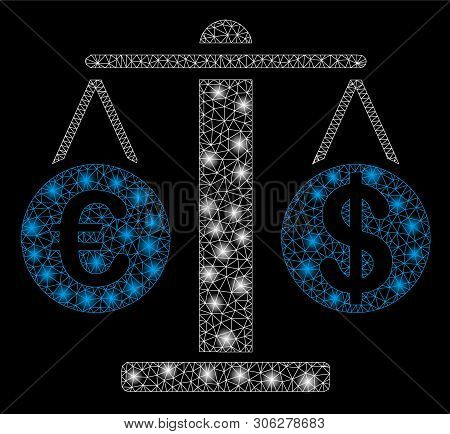 Bright Mesh Euro And Dollar Scales With Lightspot Effect. Abstract Illuminated Model Of Euro And Dol