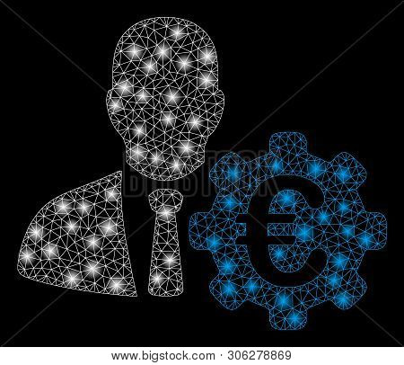Bright Mesh Euro Economist With Lightspot Effect. Abstract Illuminated Model Of Euro Economist Icon.
