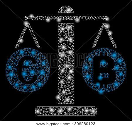Bright Mesh Euro And Bitcoin Scales With Glare Effect. Abstract Illuminated Model Of Euro And Bitcoi