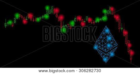Bright Mesh Ethereum Falling Chart With Glare Effect. Abstract Illuminated Model Of Ethereum Falling