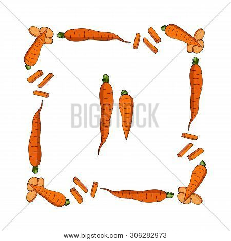 Square Frame Made Of Carrots, Carrot Sticks And Carrot Slices. Isolated Elements On White Background