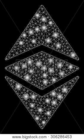 Bright Mesh Ethereum Classic With Glare Effect. Abstract Illuminated Model Of Ethereum Classic Icon.