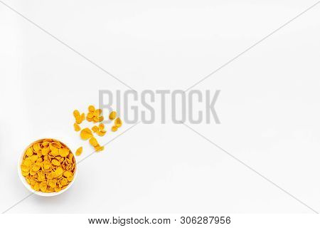Cereals, Oatflakes And Cornflakes For Healthy Breakfast On White Background Top View Mock Up