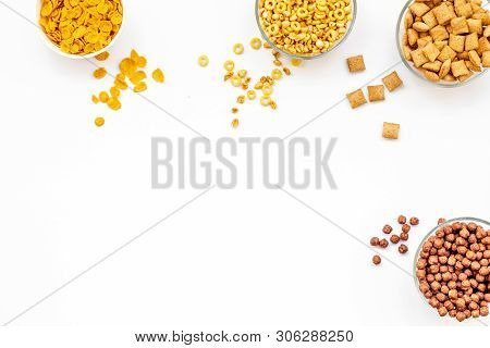 Cereals, Oatflakes And Cornflakes For Healthy Breakfast On White Background Top View Mock Up