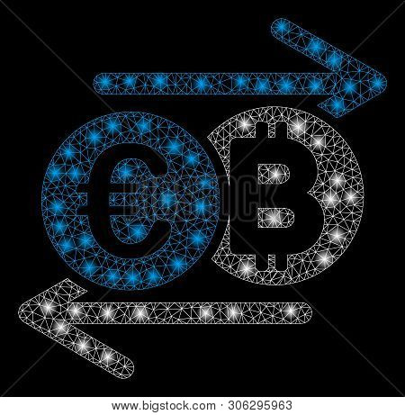 Bright Mesh Euro Bitcoin Change With Lightspot Effect. Abstract Illuminated Model Of Euro Bitcoin Ch