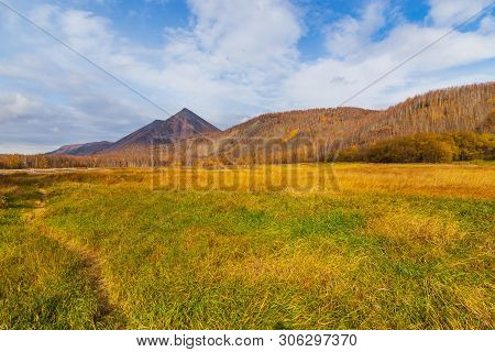 View Of The Mountain, Forest In Autumn Colors. Anavgay, Bystrinsky District, Peninsula Kamchatka, Ru