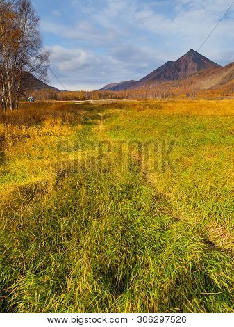 View Of The Mountain, Forest In Autumn Colors. Anavgay, Bystrinsky District, Peninsula Kamchatka, Ru
