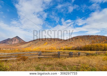 View Of The Mountain, Forest In Autumn Colors. Anavgay, Bystrinsky District, Peninsula Kamchatka, Ru