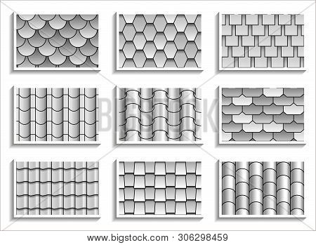 Set Of Grayscale Seamless Roof Tiles Textures. Black-and-white Graphic Patterns Of Rooftop Materials