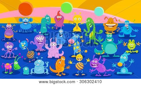 Cartoon Illustrations Of Monsters Or Aliens Comic Fantasy Characters Huge Group