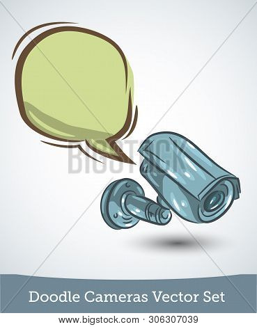 Doodle Video Camera With Speech Bubble Isolated On White Background. Vector