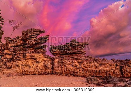 Sunset Above Industry Pier At Kwang Beach.there Have Beautiful Rock Along The Beach. Kwang Beach Is 