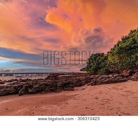 sunset above industry pier at Kwang beach.there have beautiful rock along the beach. Kwang beach is 