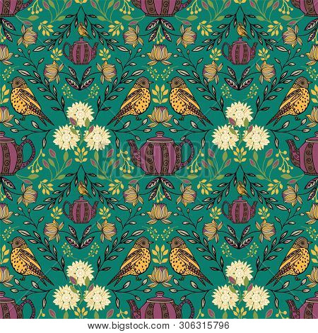 Vector Symmetrical Floral Seamless Pattern With Folk Art Motifs