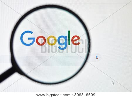 Ukraine, Odessa - April 25, 2019: Google Website Logo Through Magnifying Glass