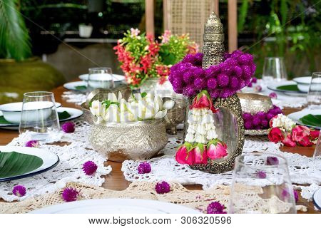 Thai Food Table Decoration Silver Ware Flower Garland