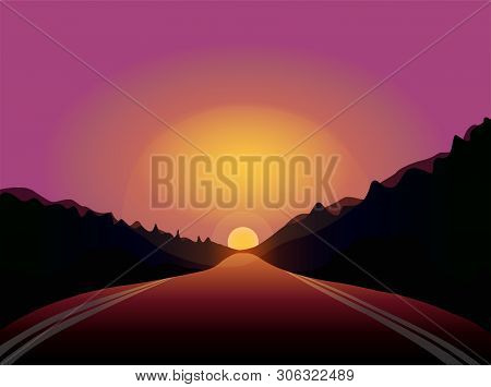 Beautiful Background. Road In The Forest. A Scene In Perspective. Sunset. Vector Illustration