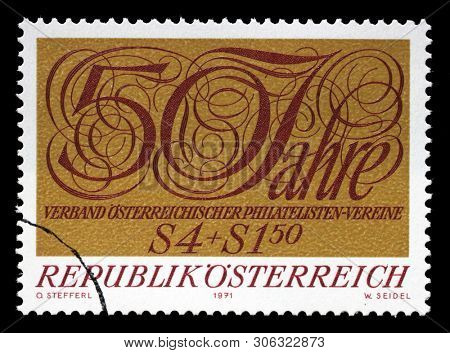 ZAGREB, CROATIA - JULY 03, 2014: A stamp issued in the Austria shows the 50th Anniversary of the Austrian Philatelist Societies Association, circa 1971.