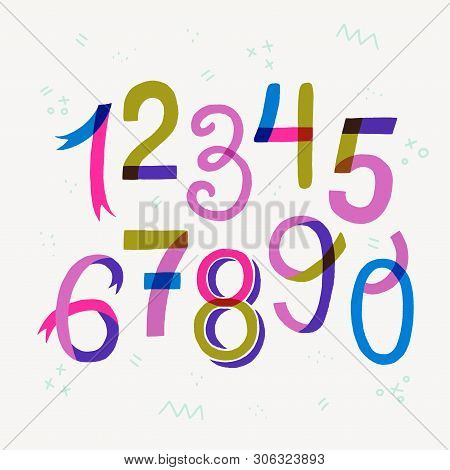 Colourful Set Of Figures From Zero To Nine. Hand Drawn Numeric Symbols 0123456789 On Background With