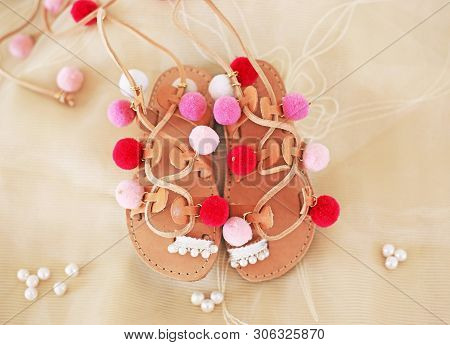 Greek Leather Sandals For Girls With Colorful Pom Pom - Gladiator Sandals - Kids Shoes Advertisement