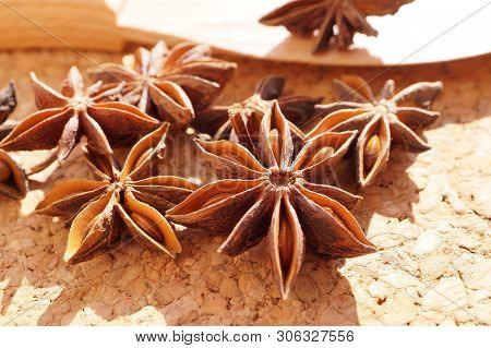 Macro. Popular Spice Commonly Called Star Anise, Staranise, Star Anise Seed, Chinese Star Anise, Or 