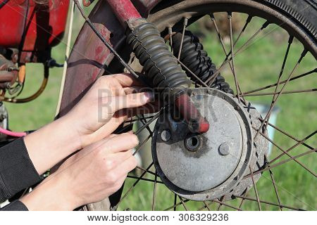 View On Hands Of Mechanic How Repairs Break And Other Function On Old-fashioned, Retro And Czech Mot