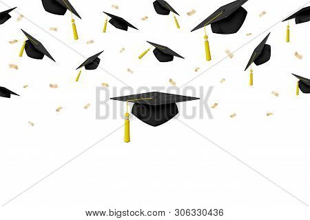 Vector Graduation Banner With Ceremony Caps Isolated In Air On White Background