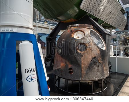 Moscow, Russia - June 08, 2019. Descent Vehicle Of The Soyuz Tma. Interior And Showpieces Of Pavilio