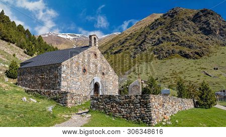 Old Chapel In A Nice Valley From Spain, Mountain Pyrenees (name Vall De Nuria)